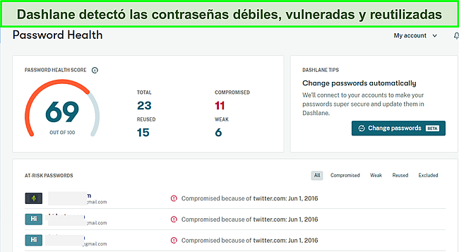 Captura de pantalla del monitor de estado de la contrase&ntilde;a de Dashlane.