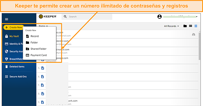 Captura de pantalla de Agregar registros en la aplicaci&oacute;n Keeper.