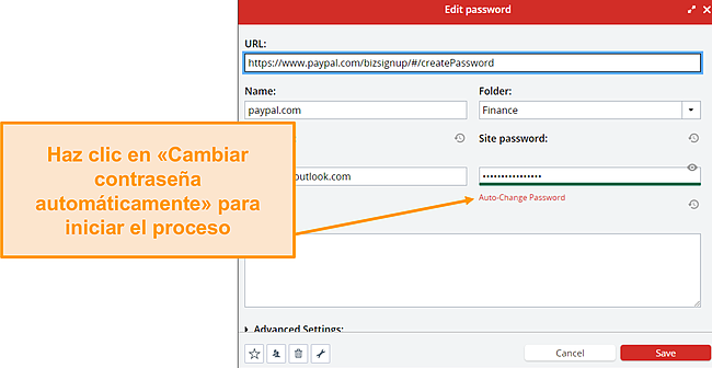 Captura de pantalla del bot&oacute;n de cambio autom&aacute;tico de contrase&ntilde;a de LastPass.