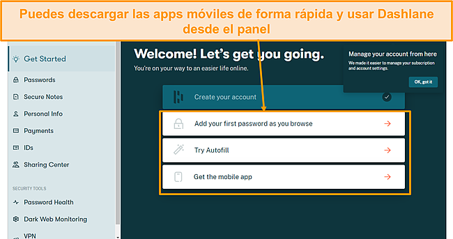 Captura de pantalla de la p&aacute;gina de incorporaci&oacute;n de Dashlane.
