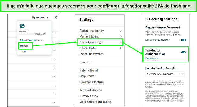 Capture d'&eacute;cran de l'activation de la fonctionnalit&eacute; 2FA de Dashlane.