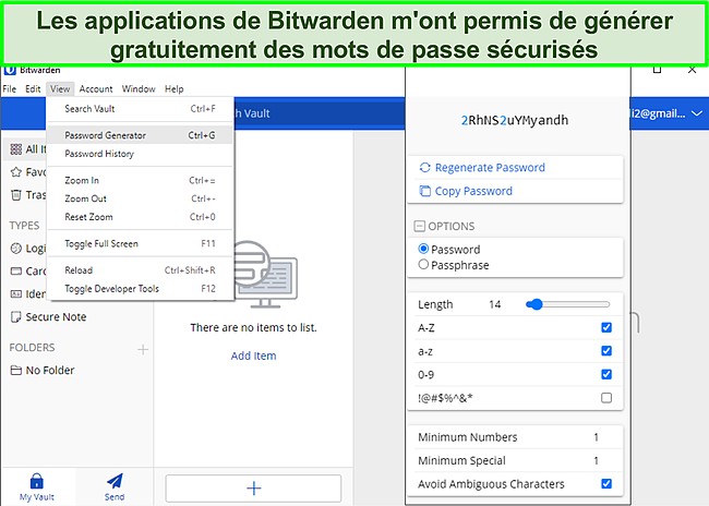 Capture d'&eacute;cran de G&eacute;n&eacute;ration de mots de passe sur Bitwarden.