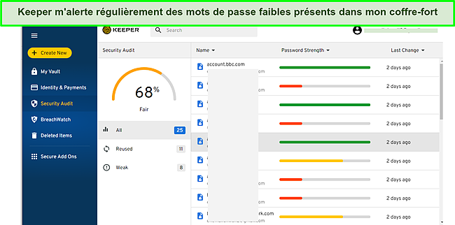 Capture d'&eacute;cran de la fonction d'audit de s&eacute;curit&eacute; des mots de passe Keeper.