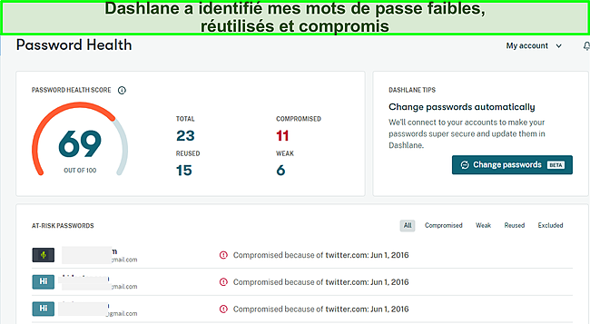 Capture d'&eacute;cran du moniteur de sant&eacute; des mots de passe Dashlane.