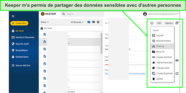 Capture d'&eacute;cran de la fonctionnalit&eacute; de partage de Keeper.
