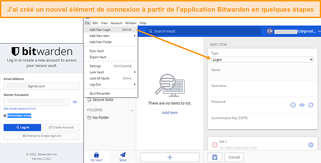 Capture d'&eacute;cran de l'ajout d'un &eacute;l&eacute;ment de connexion sur le client de bureau Bitwarden.