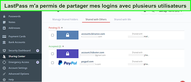 Capture d'&eacute;cran du centre de partage LastPass.