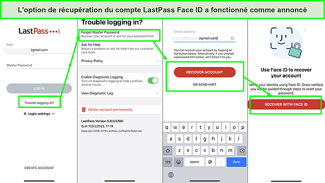 Capture d'&eacute;cran de l'option de r&eacute;cup&eacute;ration de compte LastPass Face ID.