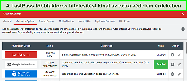 K&eacute;pernyők&eacute;p a LastPass Authenticator be&aacute;ll&iacute;t&aacute;si oldal&aacute;r&oacute;l.