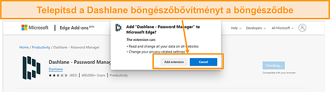 K&eacute;pernyők&eacute;p a Dashlane b&ouml;ng&eacute;szőbőv&iacute;tm&eacute;ny telep&iacute;t&eacute;s&eacute;ről.