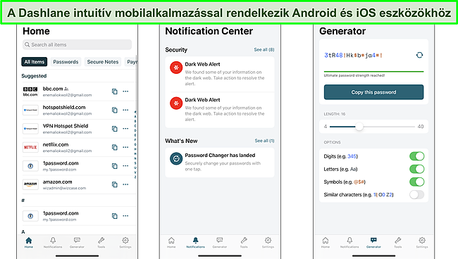 K&eacute;pernyők&eacute;p a Dashlane mobilalkalmaz&aacute;s fel&uuml;let&eacute;ről.