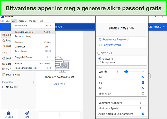 Skjermbilde av &aring; generere passord p&aring; Bitwarden.