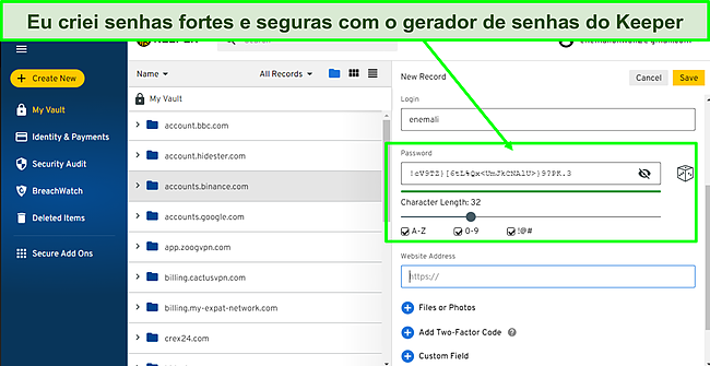 Captura de tela do gerador de senhas do Keeper.