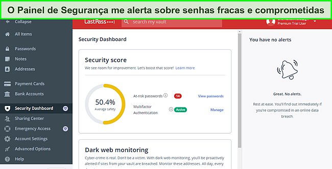 Captura de tela do painel de seguran&ccedil;a do LastPass.