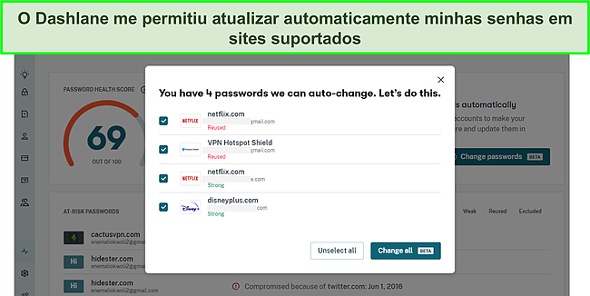 Captura de tela do trocador de senha autom&aacute;tico do Dashlane.