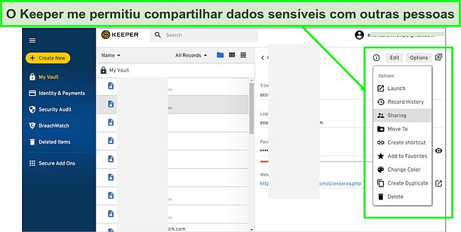 Captura de tela do recurso de compartilhamento do Keeper.