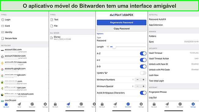Captura de tela da interface do aplicativo m&oacute;vel Bitwarden.