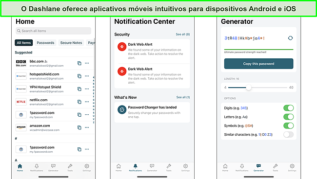 Captura de tela da interface do aplicativo m&oacute;vel Dashlane.