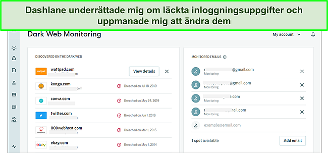 Sk&auml;rmdump av Dashlanes m&ouml;rka webbmonitor.