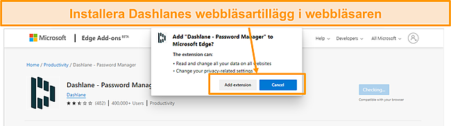 Sk&auml;rmdump av att installera Dashlane webbl&auml;sartill&auml;gg.