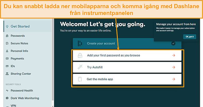 Sk&auml;rmdump av introduktionssidan f&ouml;r Dashlane.