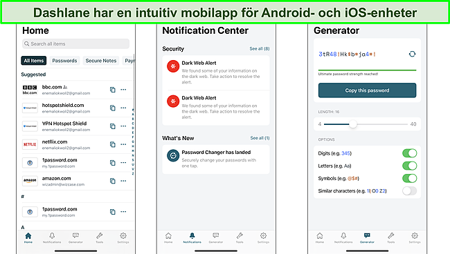 Sk&auml;rmdump av gr&auml;nssnittet f&ouml;r mobilappen Dashlane.