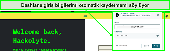 Dashlane otomatik kaydetme &ouml;zelliğinin kullanımdaki ekran g&ouml;r&uuml;nt&uuml;s&uuml;.