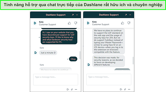 Ảnh chụp m&agrave;n h&igrave;nh hỗ trợ tr&ograve; chuyện trực tiếp Dashlane.