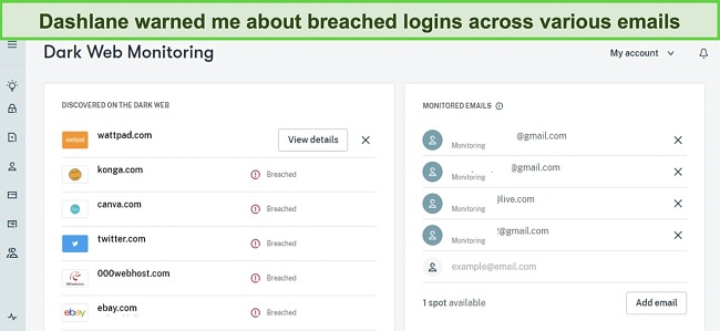 Screenshot of Dashlane Dark Web Monitoring Feature. Monitoring the dark web for compromised data.