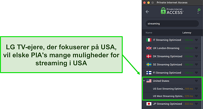 Skærmbilleder af Private Internet Access' optimerede streamingservere med fokus på USA.
