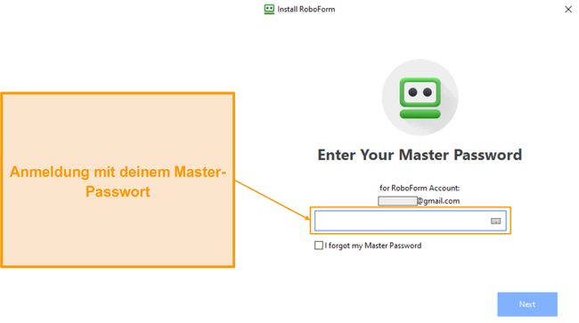 Screenshot der Anmeldeseite der Windows-App von RoboForm.
