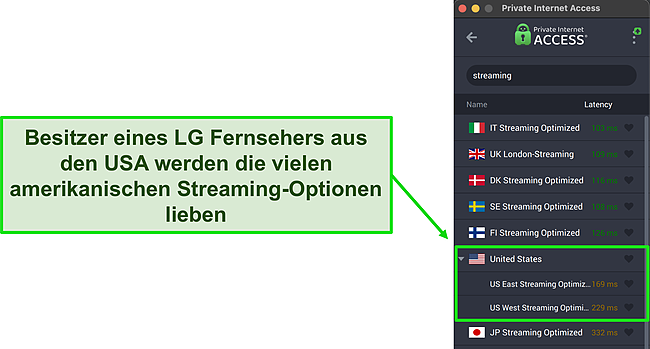 Screenshots der optimierten Streaming-Server von Private Internet Access mit Fokus auf die USA.