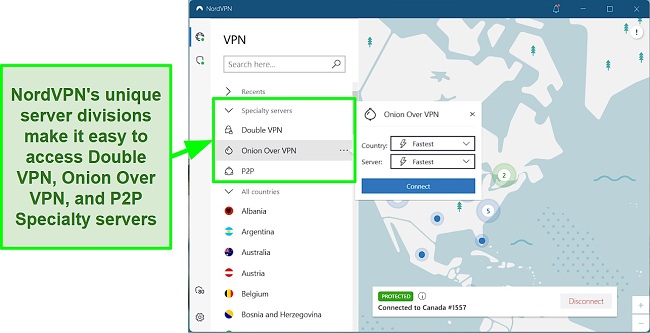 Screenshot of a NordVPN review highlighting its specialty servers, featuring user interface elements and server options