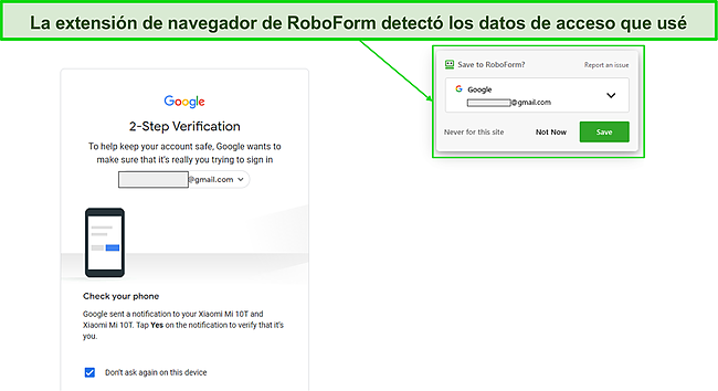 Captura de pantalla de la informaci&oacute;n de inicio de sesi&oacute;n de captura de la extensi&oacute;n del navegador de RoboForm.