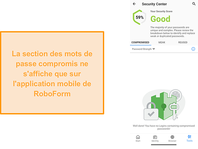 Capture d'&eacute;cran de la section des mots de passe compromis de RoboForm.