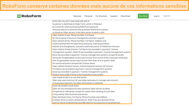 Capture d'&eacute;cran des donn&eacute;es conserv&eacute;es par RoboForm.