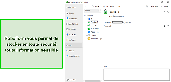 Capture d'&eacute;cran du stockage s&eacute;curis&eacute; des informations de RoboForm.