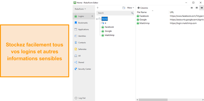 Capture d'&eacute;cran de l'application Windows de RoboForm stockant des donn&eacute;es.