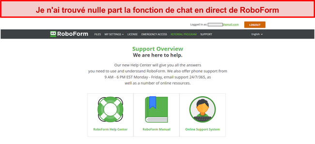 Capture d'&eacute;cran des options d'assistance de RoboForm.