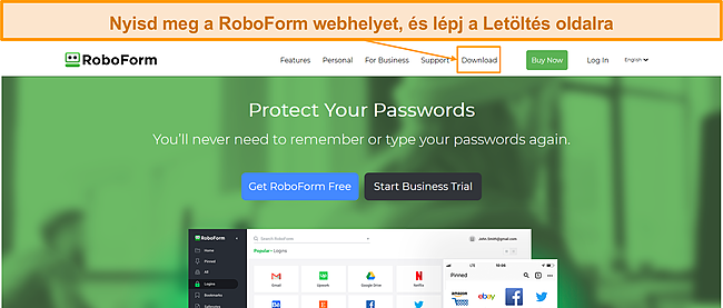 K&eacute;pernyők&eacute;p a RoboForm kezdőlapj&aacute;r&oacute;l.