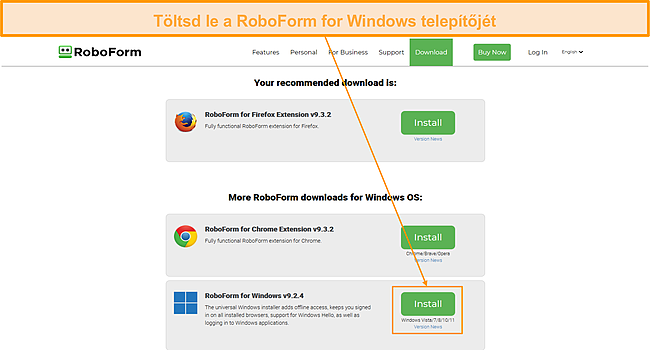 K&eacute;pernyők&eacute;p a RoboForm Windows alkalmaz&aacute;s let&ouml;lt&eacute;s&eacute;ről.
