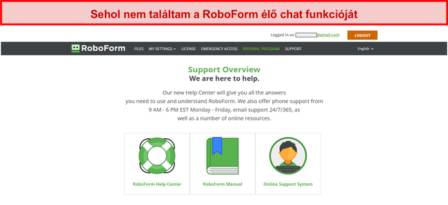 K&eacute;pernyők&eacute;p a RoboForm t&aacute;mogat&aacute;si lehetős&eacute;geiről.
