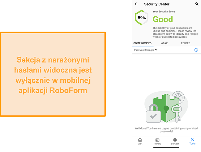 Zrzut ekranu z sekcją zhakowanych haseł RoboForm.