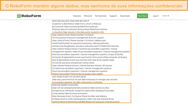 Captura de tela dos dados que o RoboForm mant&eacute;m.