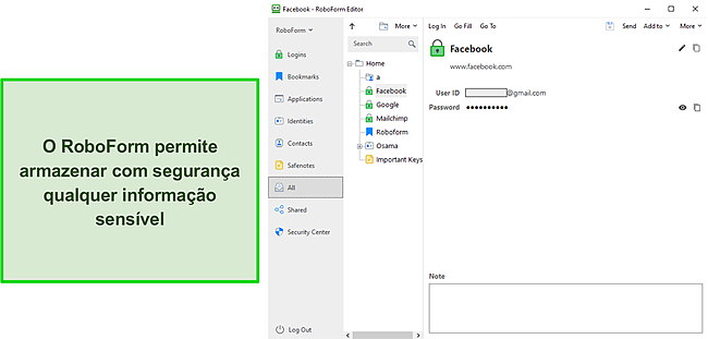 Captura de tela do armazenamento seguro de informa&ccedil;&otilde;es do RoboForm.