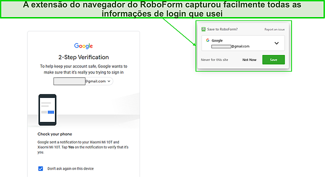 Captura de tela das informa&ccedil;&otilde;es de login de captura da extens&atilde;o do navegador RoboForm.