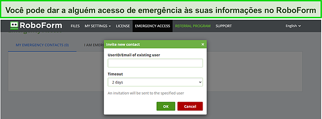 Captura de tela do recurso de acesso de emerg&ecirc;ncia do RoboForm.