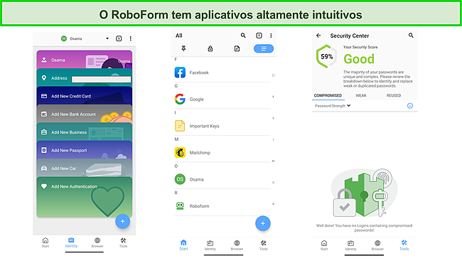 Captura de tela do aplicativo m&oacute;vel intuitivo do RoboForm.