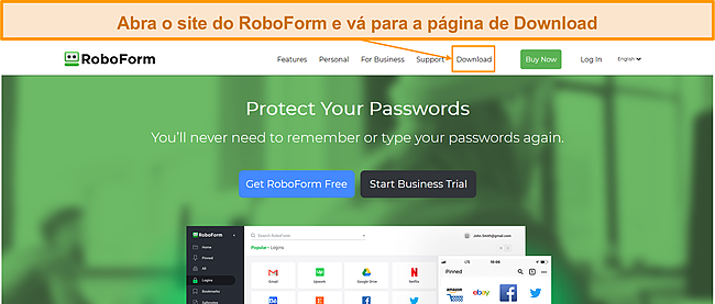 Captura de tela da p&aacute;gina inicial do RoboForm.