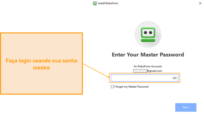 Captura de tela da p&aacute;gina de login do aplicativo Windows do RoboForm.